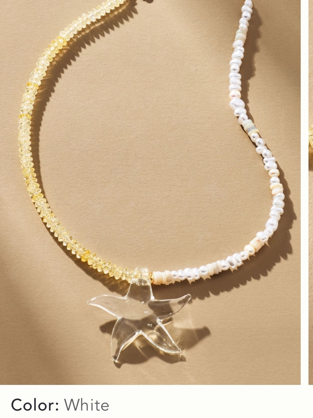 Anthropologie White & Pale Yellow Beaded Necklace with Clear Starfish Pendant